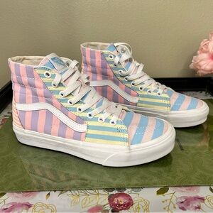 Vans High Top Sneakers in Pastel Pink, Blue & Yellow Stripes